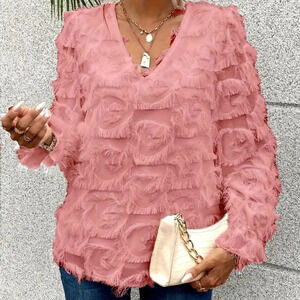 Elegant Tassel-Trim V-Neck Blouse (Color: Pink Color)